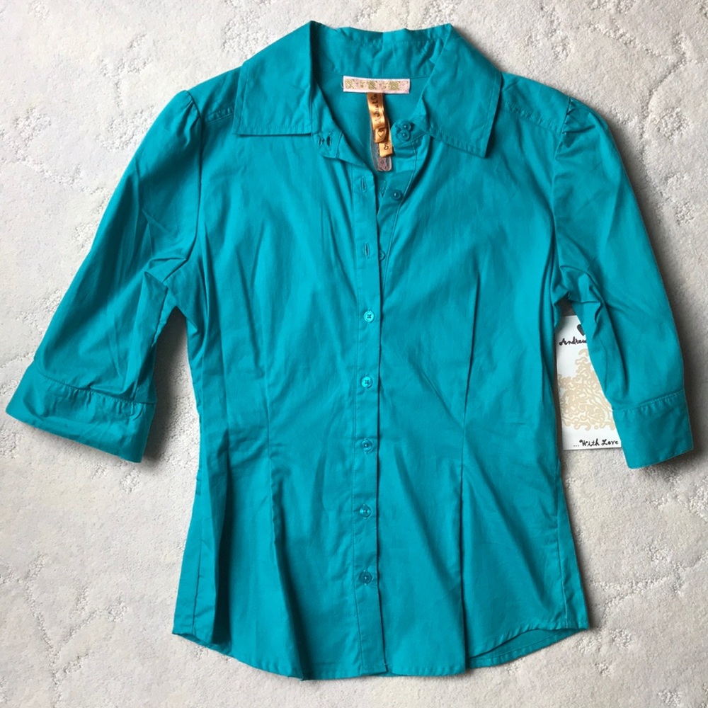 Teal Button Down 3/4 Sleeve Blouse, NWT